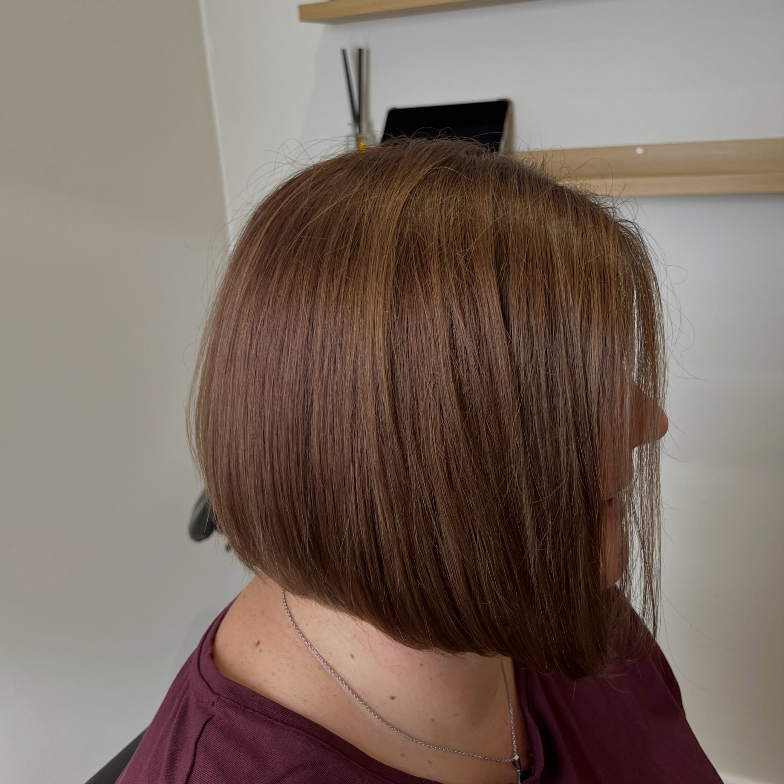 Koperbruine bob, van opzij gefotografeerd in de salon